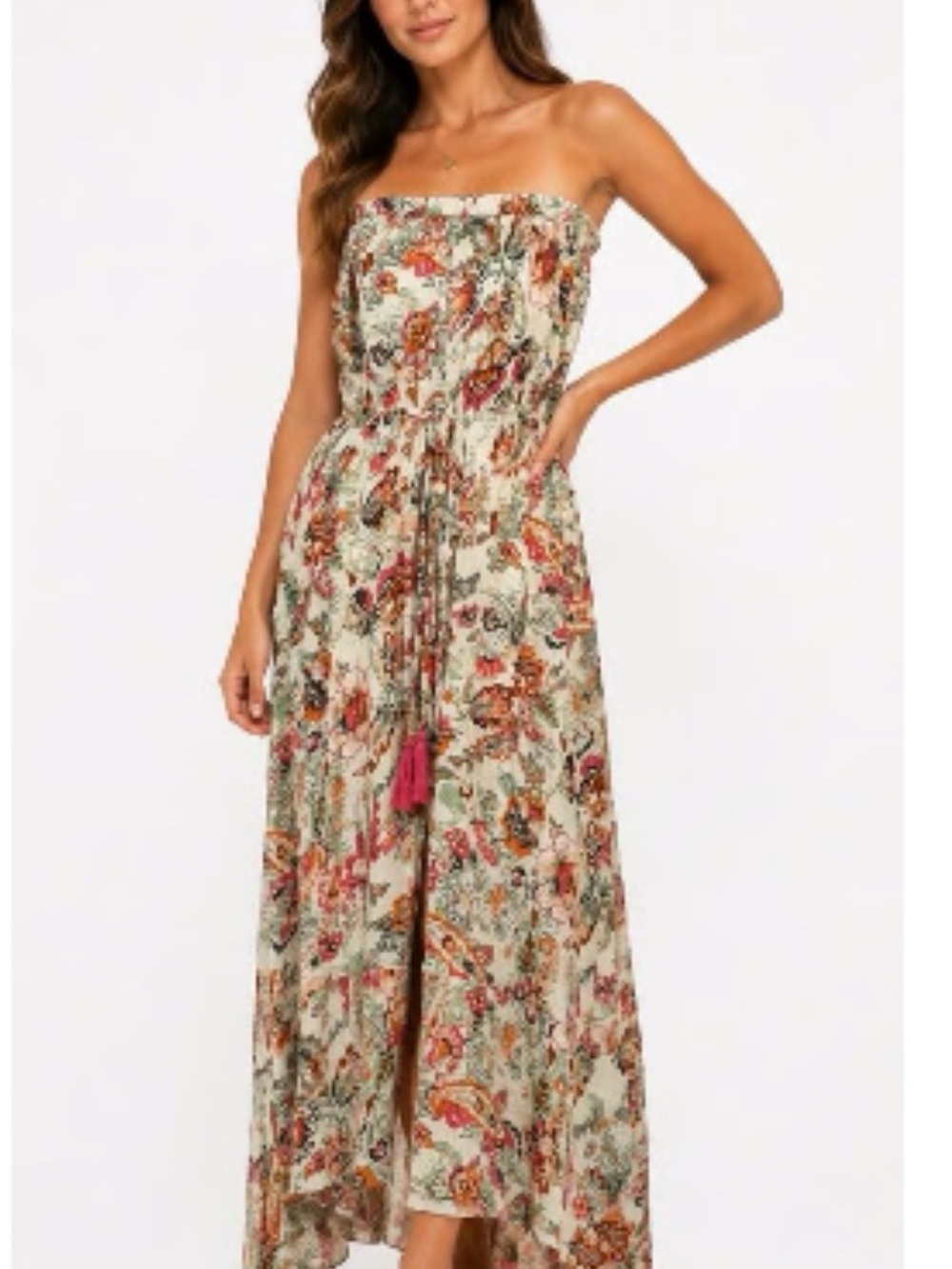 Elan Strapless Floral Maxi Dress in Cream with Pink and Orange Accents
